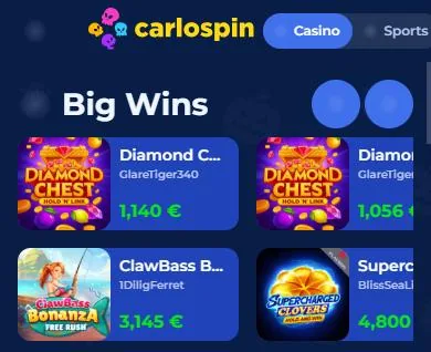 Homepage van Carlospin op een telefoon met de strook Big Wins