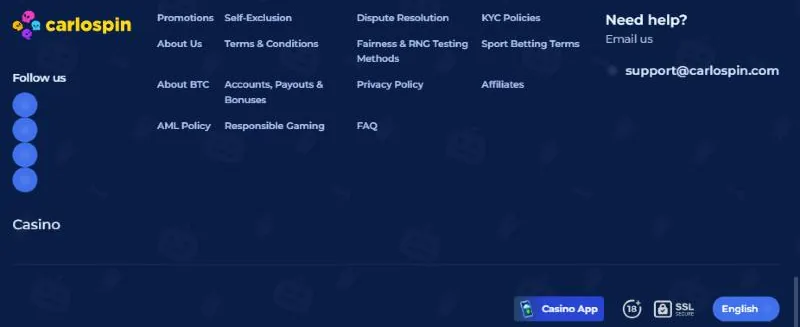 Footer van Carlospin met de link Promotions en de pagina Accounts, Payouts & Bonuses