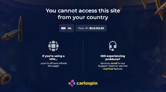 Blokkadepagina van Carlospin vanuit Nederland met de vlag van Nederland